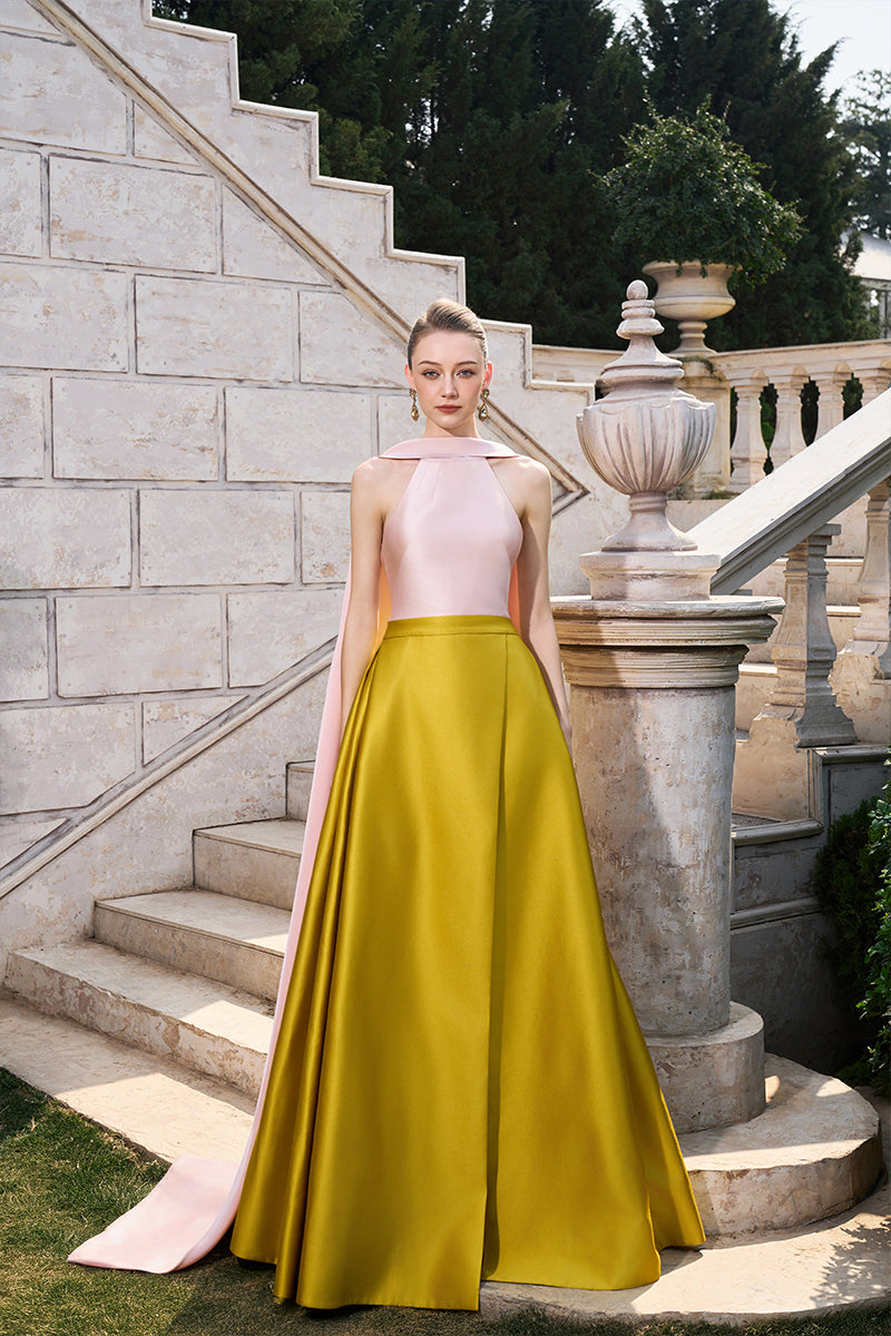 Pink and yellow bamboo taffeta gown by Tracy Studio, elegant floor-length dress with a flowing silhouette and intricate fabric details.