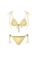 Reversible green and yellow bikini set by Suncillo, featuring matching top and bottom with vibrant, colorful design.