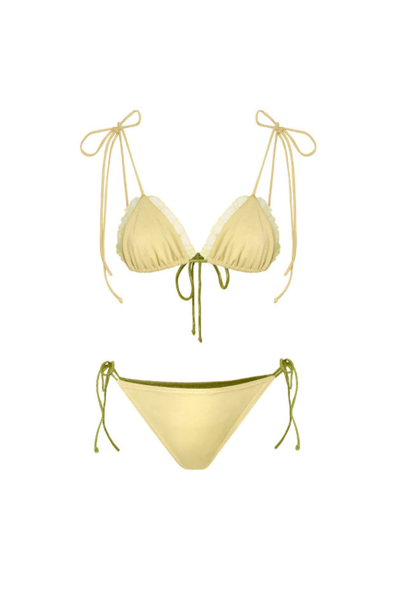 Reversible green and yellow bikini set by Suncillo, featuring matching top and bottom with vibrant, colorful design.