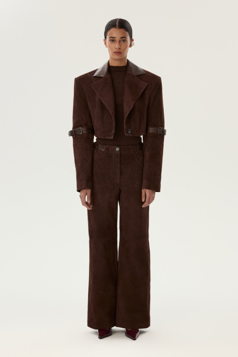 LARETAGGIO Brindissi suede mid-waist trousers, stylish pants with a tailored fit and sleek suede fabric, shown in a neutral color.