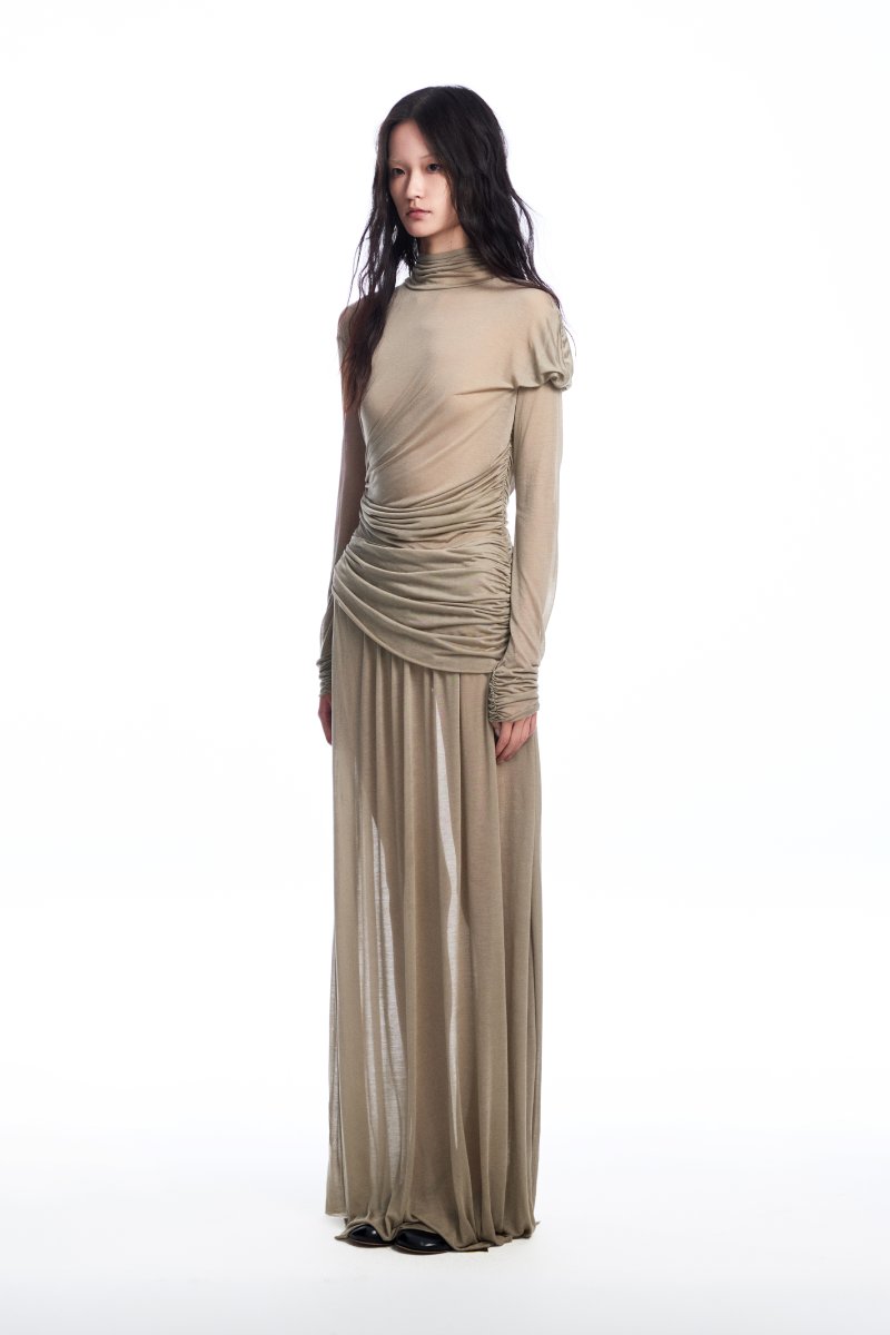Chictopia draped jersey maxi dress in soft fabric with flowing silhouette and elegant design, perfect for casual or formal wear.