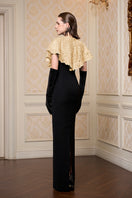 Beige I.H.F sleeveless lace gown with round neck, elegant and flowy, perfect for formal occasions.