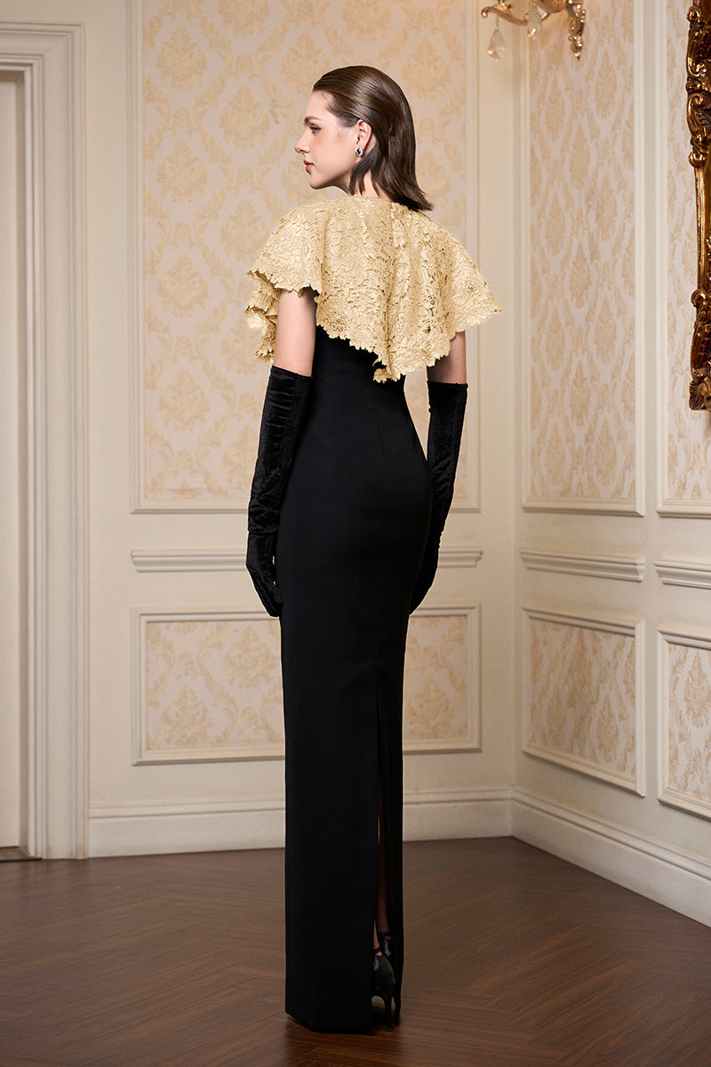 Beige I.H.F sleeveless lace gown with round neck, elegant and flowy, perfect for formal occasions.