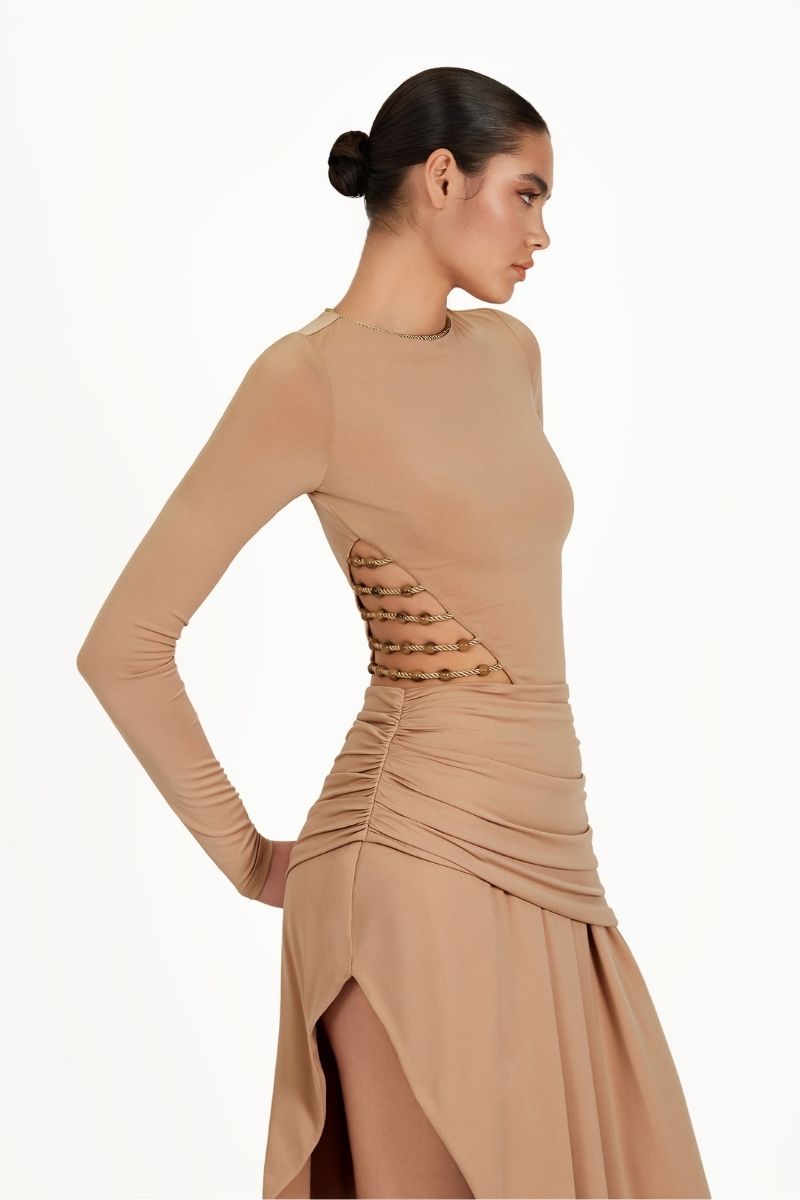 Khanum's Kasmina tan mini dress with a fitted bodice and flowy skirt, perfect for casual or semi-formal occasions.