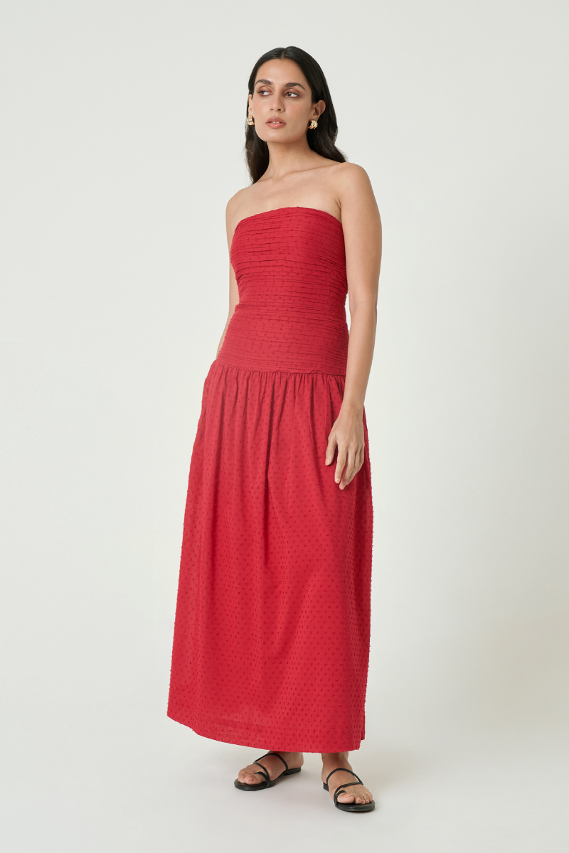 Summer Away Florence maxi dress in cherry with a flowing fabric and sleeveless design, perfect for warm-weather occasions.