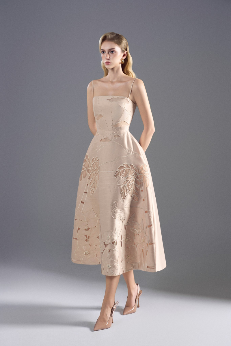 TAFFETA A-LINE MIDI DRESS IN BEIGE | CULT MIA