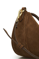 Brown suede Denise mini shoulder bag by Vikele Studio, featuring a compact design with a sleek strap and stylish finish.