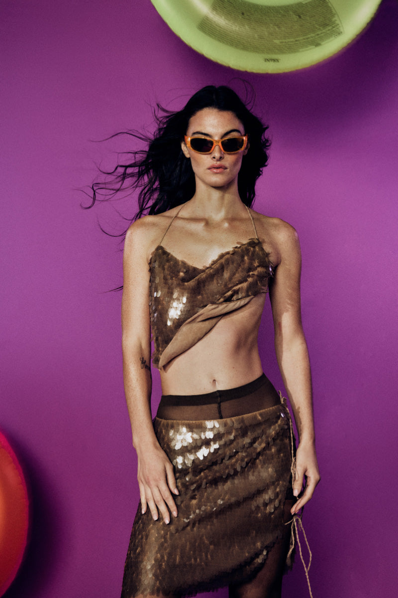 Suncillo brown sequins top featuring shimmering sequined fabric, long sleeves, and a stylish, fitted design for fashionable wear.