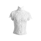 Deme By Gabriella Florence off-white top, lightweight fabric, with a relaxed fit and elegant neckline, displayed on a hanger.