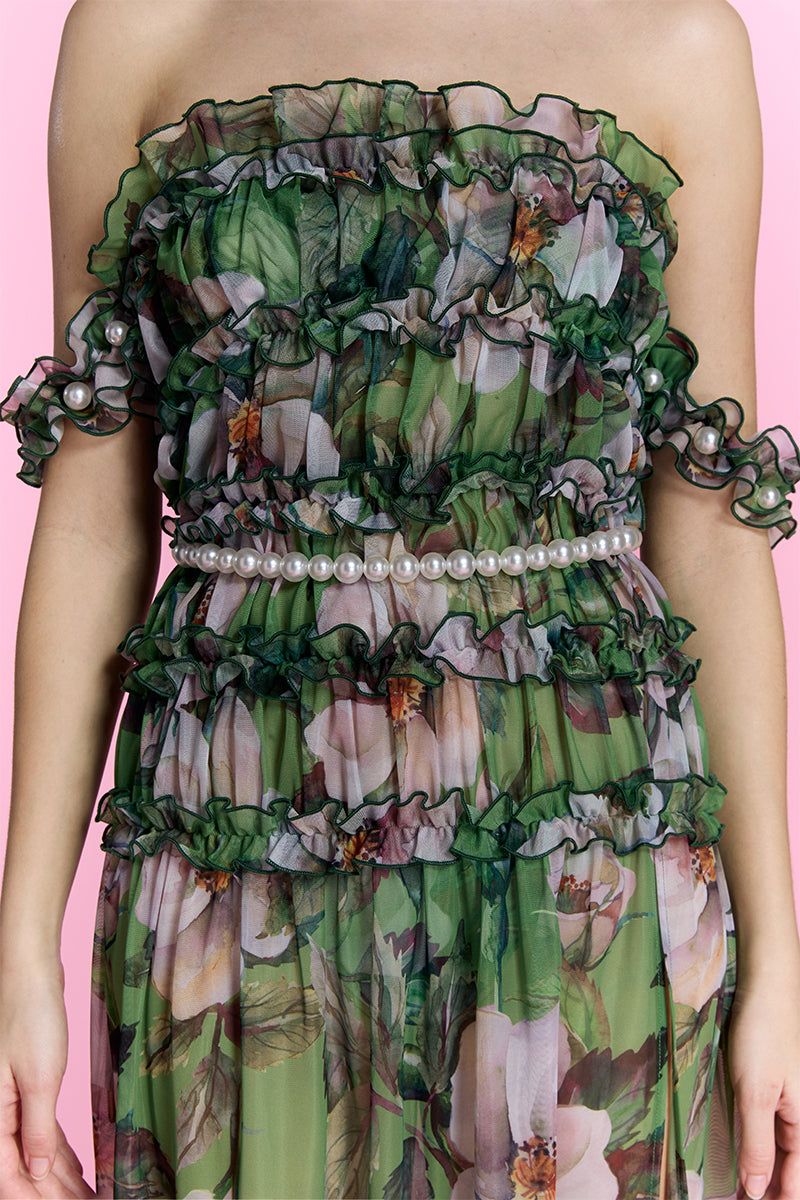Nur Karaata silk heirloom beach maxi dress with flowing fabric and intricate details, perfect for elegant seaside wear.
