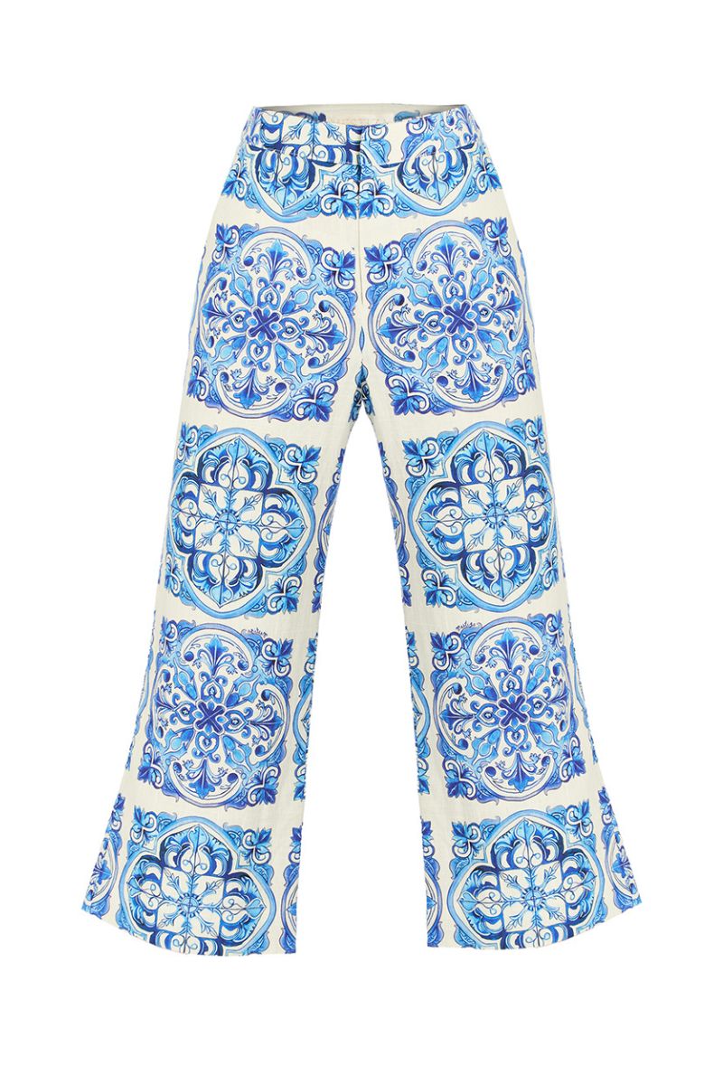 Mestiza New York Taylor cropped pants in azulejo blue, showing the lightweight fabric and relaxed fit style.