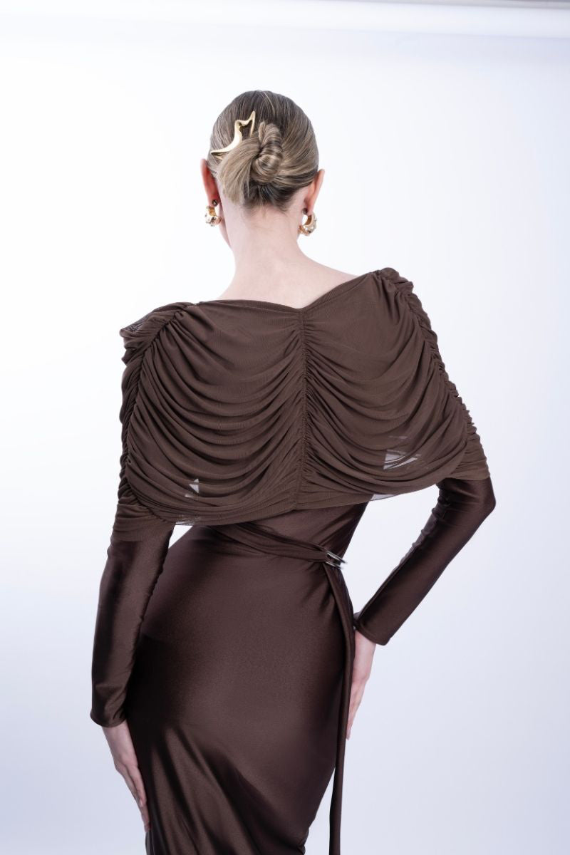 LEDIEL Dakota taupe gown with flowing fabric and elegant design, perfect for formal occasions or evening wear.