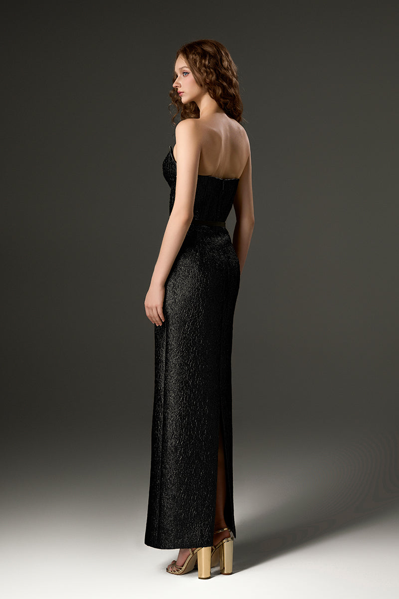 Black Lotus Jacquard Column Maxi Dress by I.H.F Studio, featuring elegant floral jacquard pattern and fitted silhouette.
