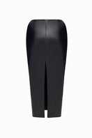 Black leather midi skirt by BALYKINA, shown from the side with a high waist and smooth textured finish.