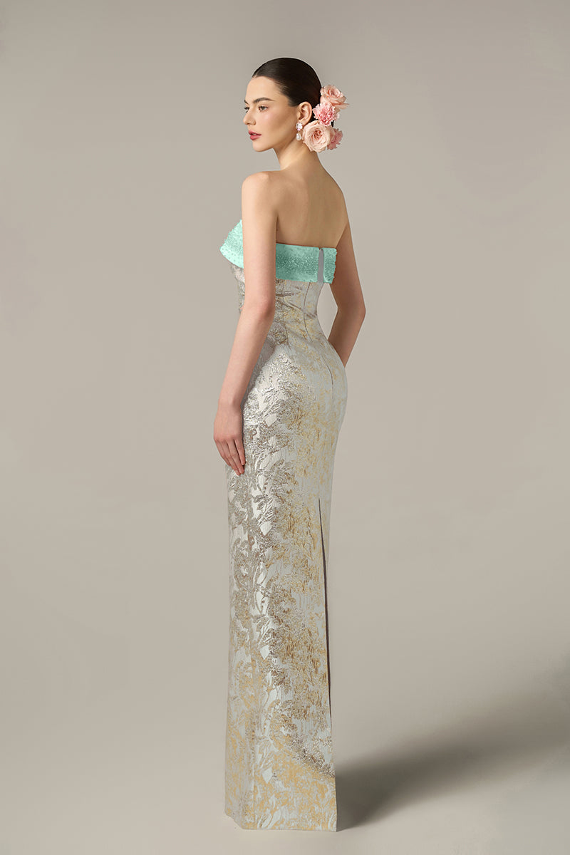 Green metallic jacquard and silk taffeta gown by I.H.F, featuring elegant fabric and intricate design details.