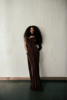 KEMMIYE brown gown by Khanum's featuring elegant fabric and intricate design, perfect for formal occasions.