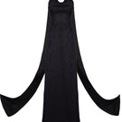 Black GVLUX A-line bustier gown with matching cape, elegant evening dress featuring fitted bodice and flowing skirt.