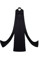 Black GVLUX A-line bustier gown with matching cape, elegant evening dress featuring fitted bodice and flowing skirt.