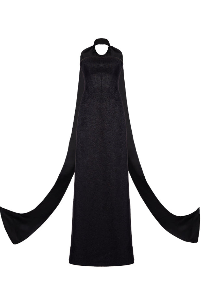 Black GVLUX A-line bustier gown with matching cape, elegant evening dress featuring fitted bodice and flowing skirt.