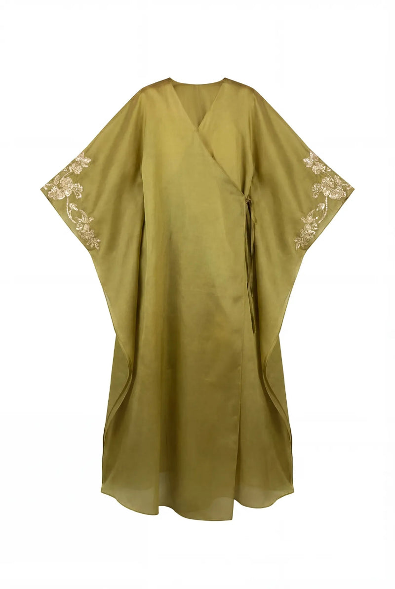 SHATHA ESSA FLORAL EMBROIDERED WRAP CAFTAN IN OLIVE GREEN | Cult Mia SHATHA ESSA FLORAL EMBROIDERED WRAP CAFTAN IN OLIVE GREEN | Cult Mia
