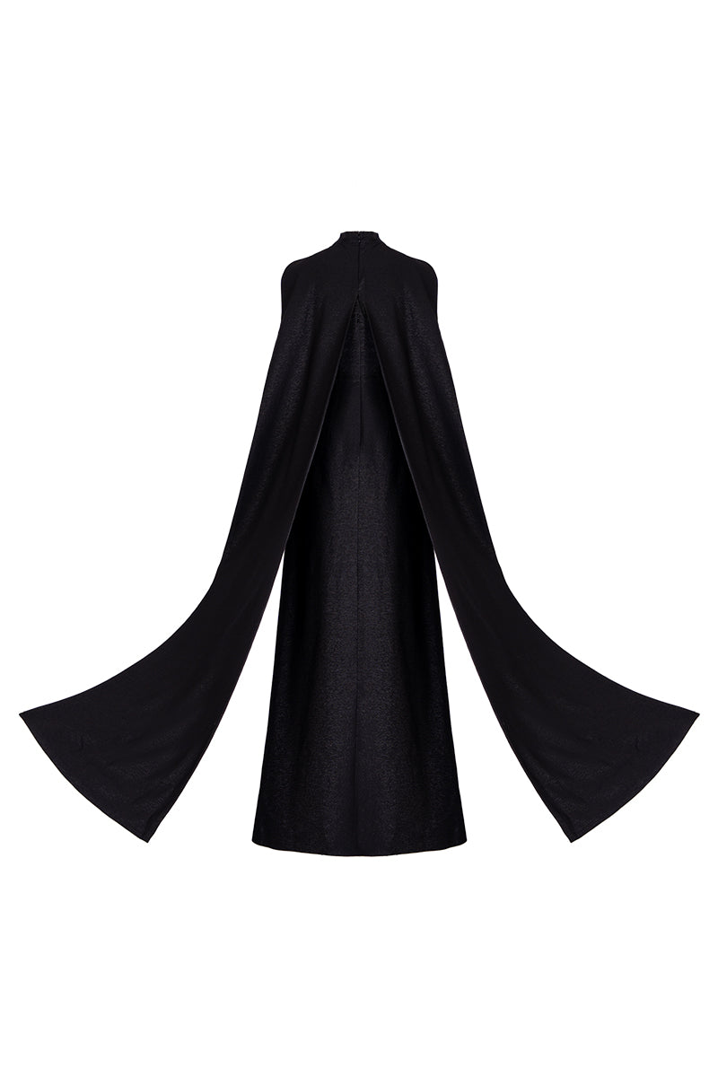 Black GVLUX A-line bustier gown with matching cape, elegant maxi dress featuring fitted bodice and flowing skirt.