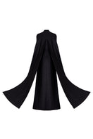 Black GVLUX A-line bustier gown with matching cape, featuring elegant fitted bodice and flowing skirt for formal occasions.