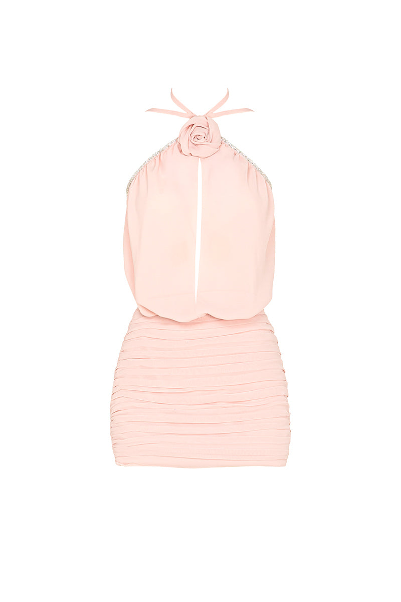 Light pink blush rose chiffon mini dress by Monika Dimova with flowing fabric and elegant design, perfect for special occasions.
