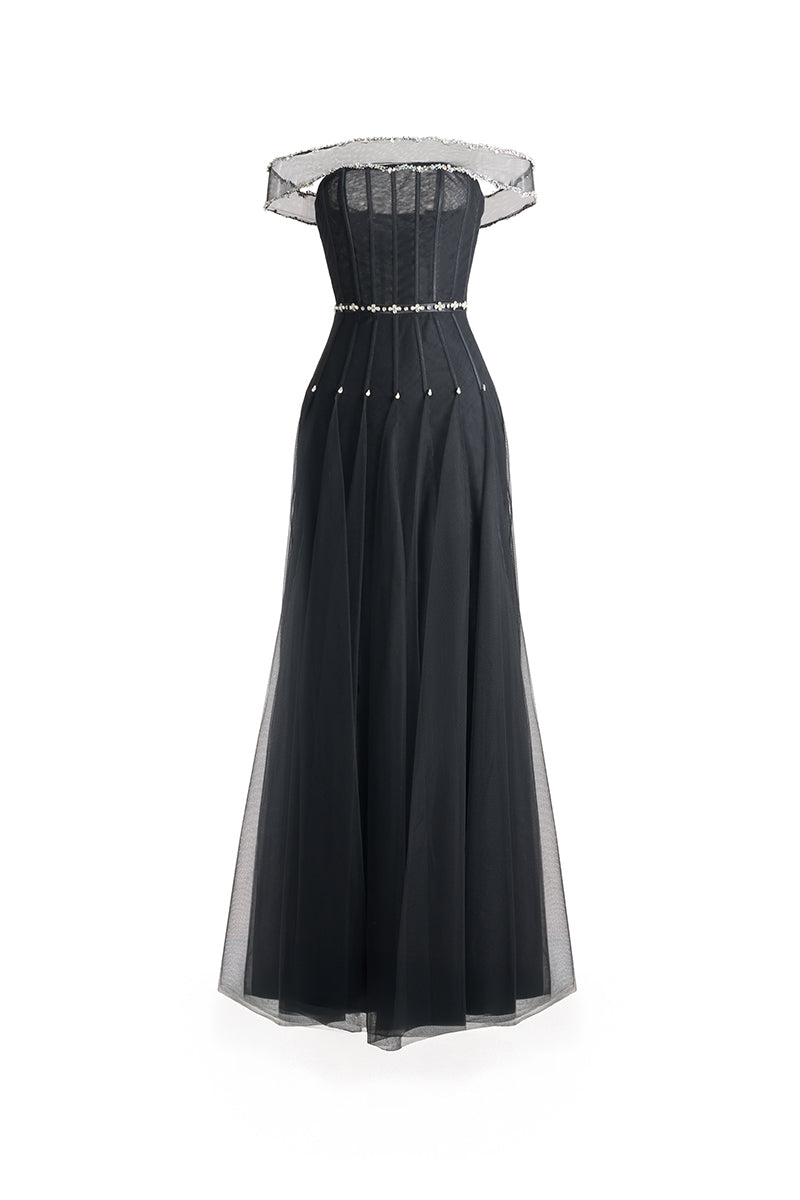 BLACK OFF SHOULDER ORGANZA MAXI DRESS