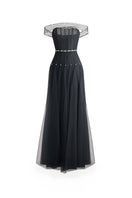 Black off-shoulder organza gown by Happy Clothing, featuring a flowing design and elegant off-shoulder neckline.
