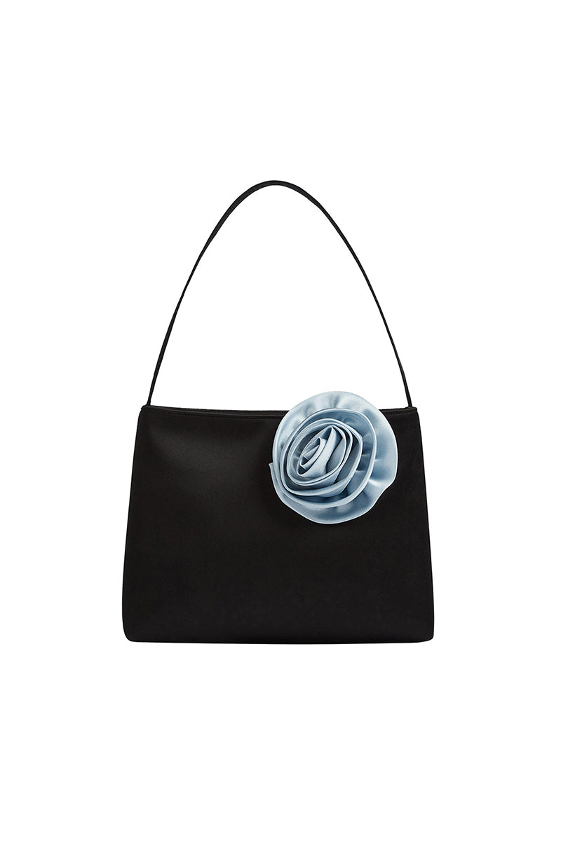 Black Tuscan Rose silk handbag by Not Just Pajama, stylish shoulder bag with elegant design and smooth silk material.