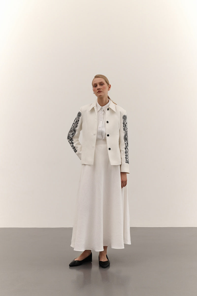 Delegen jacket with ornate embroidery, stylish outerwear featuring intricate ornament details and a tailored fit.