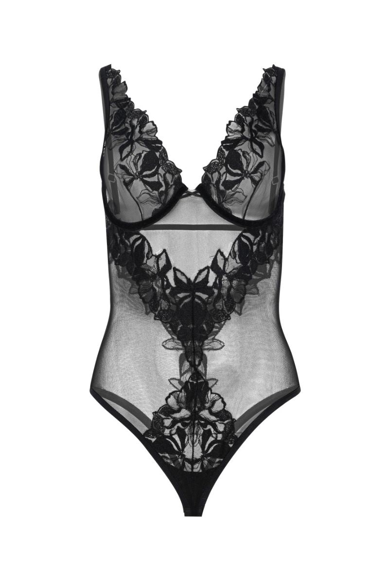 Black OOLOG Bodysuit by Entos, featuring a sleek fit and smooth fabric, displayed on a model against a neutral background.