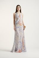 Deme By Gabriella Siena Maxi Dress in flowing fabric with a flattering silhouette, displayed on a hanger.