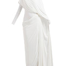 Elegant white draped gown by Deme By Gabriella, featuring flowing fabric and sophisticated design, perfect for formal occasions.