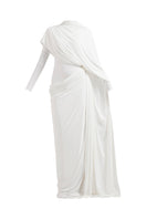 Elegant white draped gown by Deme By Gabriella, featuring flowing fabric and sophisticated design, perfect for formal occasions.