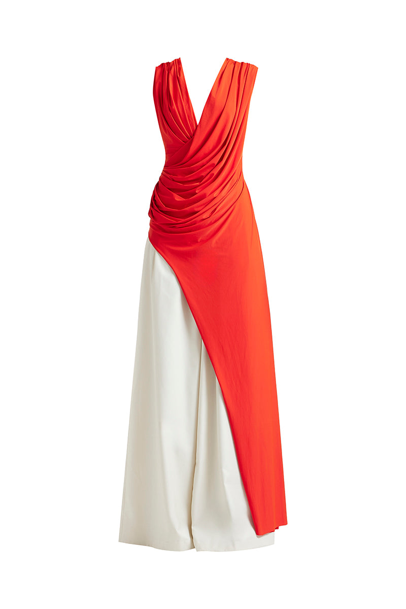 Deme By Gabriella Jessie co-ord set in hibiscus and beige, featuring matching top and pants with floral pattern.