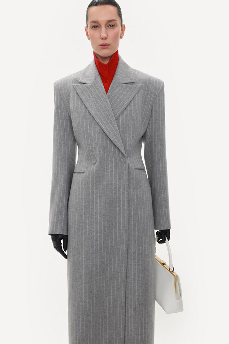 Gray fitted pinstripe wool midi dress-jacket by ELENAREVA, featuring a tailored silhouette and classic pinstripe pattern.