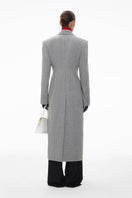 Gray fitted pinstripe wool midi dress-jacket by ELENAREVA, featuring tailored fit and classic pinstripe pattern.