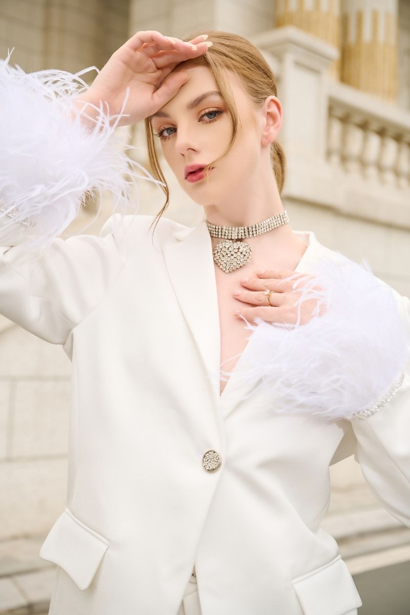 WHITE KELLY TAFFETA FEATHER SUIT JACKET AND PANTS SET - CULT MIA