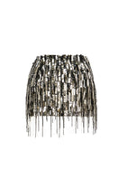Black and silver Zari sequin mini skirt by Onalaja featuring shimmering metallic detailing and a fitted silhouette.