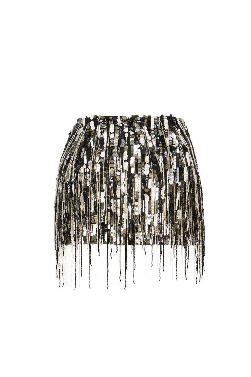 Black and silver Zari sequin mini skirt by Onalaja featuring shimmering metallic detailing and a fitted silhouette.