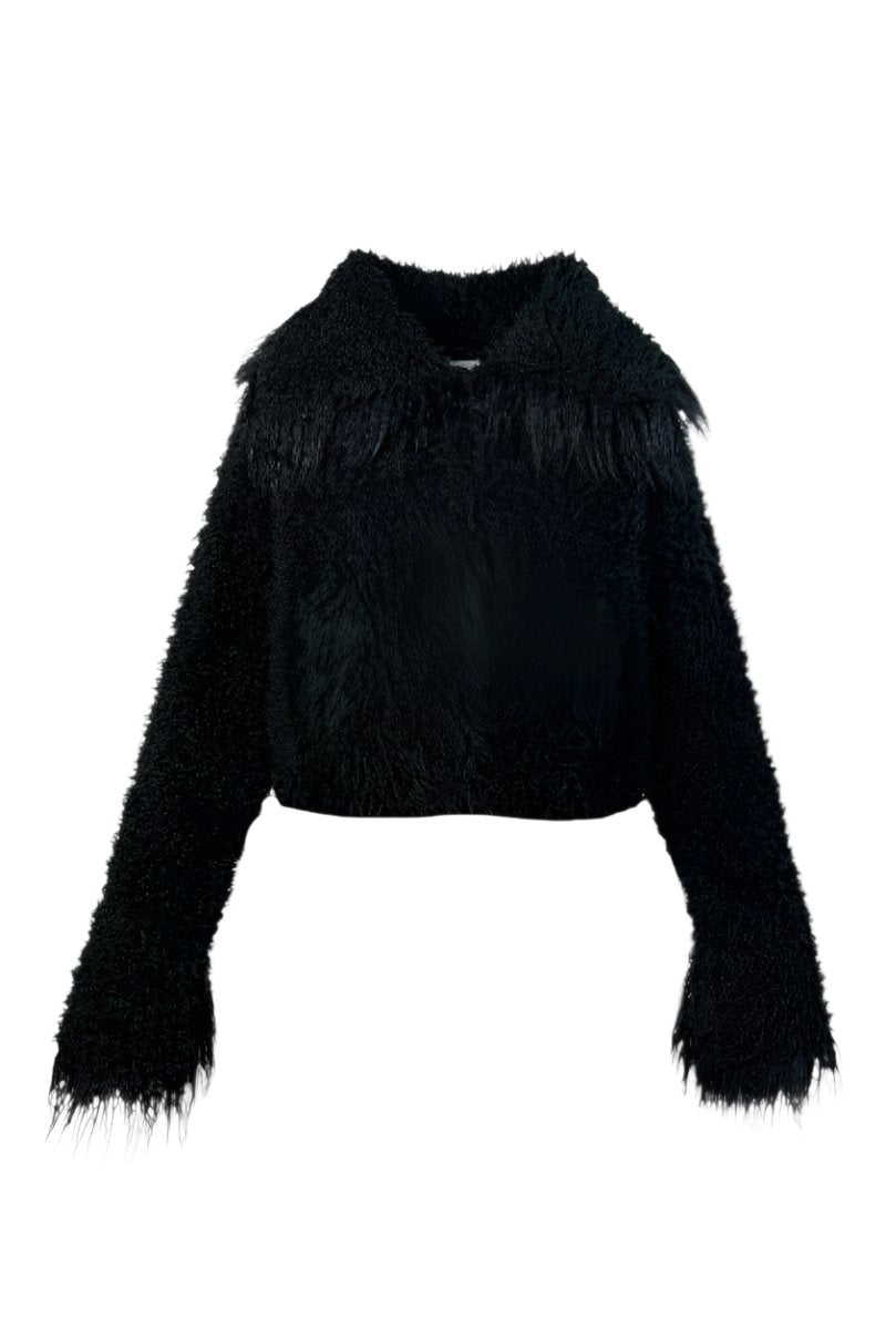CROPPED FAUX FUR JACKET WITH TURN-UP CUFFS IN BLACK - CULT MIA