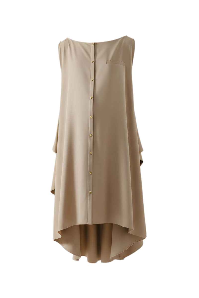 Beige sleeveless midi dress by DOC BAN, featuring a fitted silhouette and elegant design, perfect for stylish occasions.
