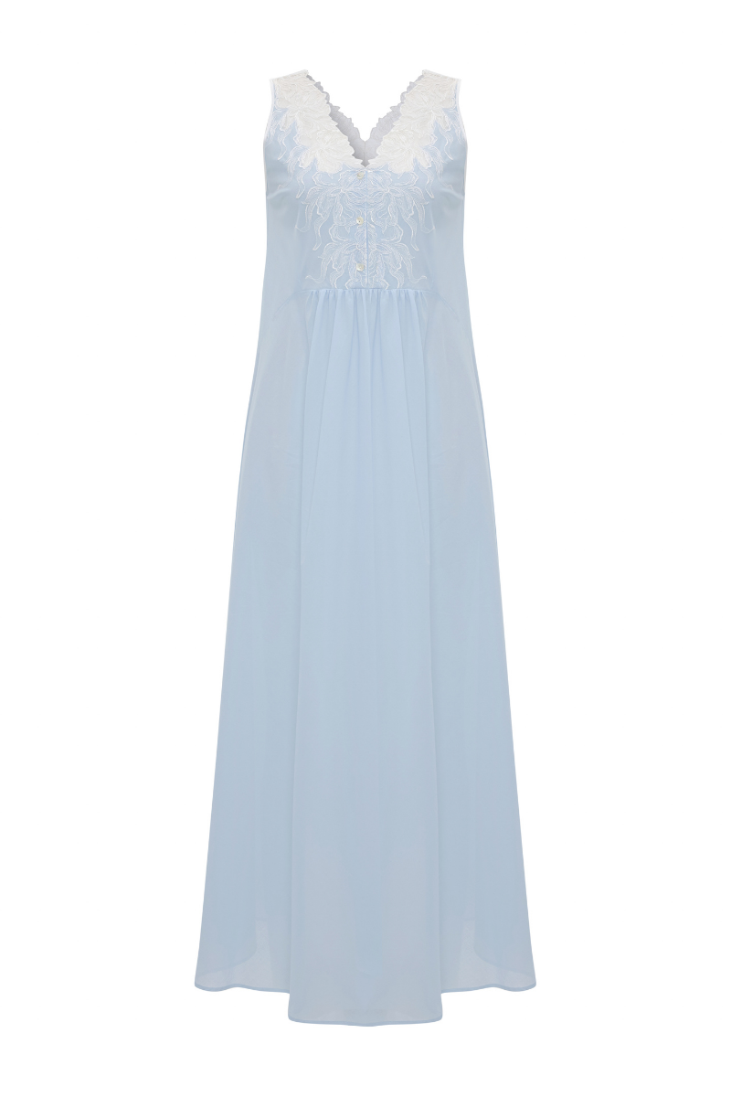 Bocan Couture Clariss long cotton voile nightgown with off-white lace accents, flowing and comfortable for sleepwear.
