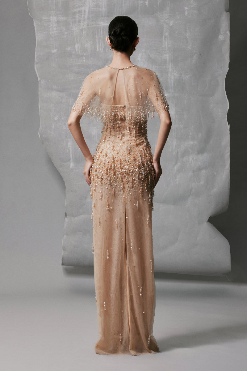 STRAIGHT LONG DRESS WITH SHEER MESH CAPE NECKLINE IN GOLD | Phan Huy