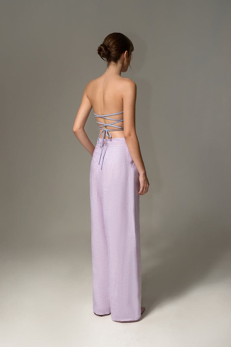 Liya Sky Blue and Lilac Sweetheart Double Top featuring a fitted design and floral pattern, displayed on a hanger.