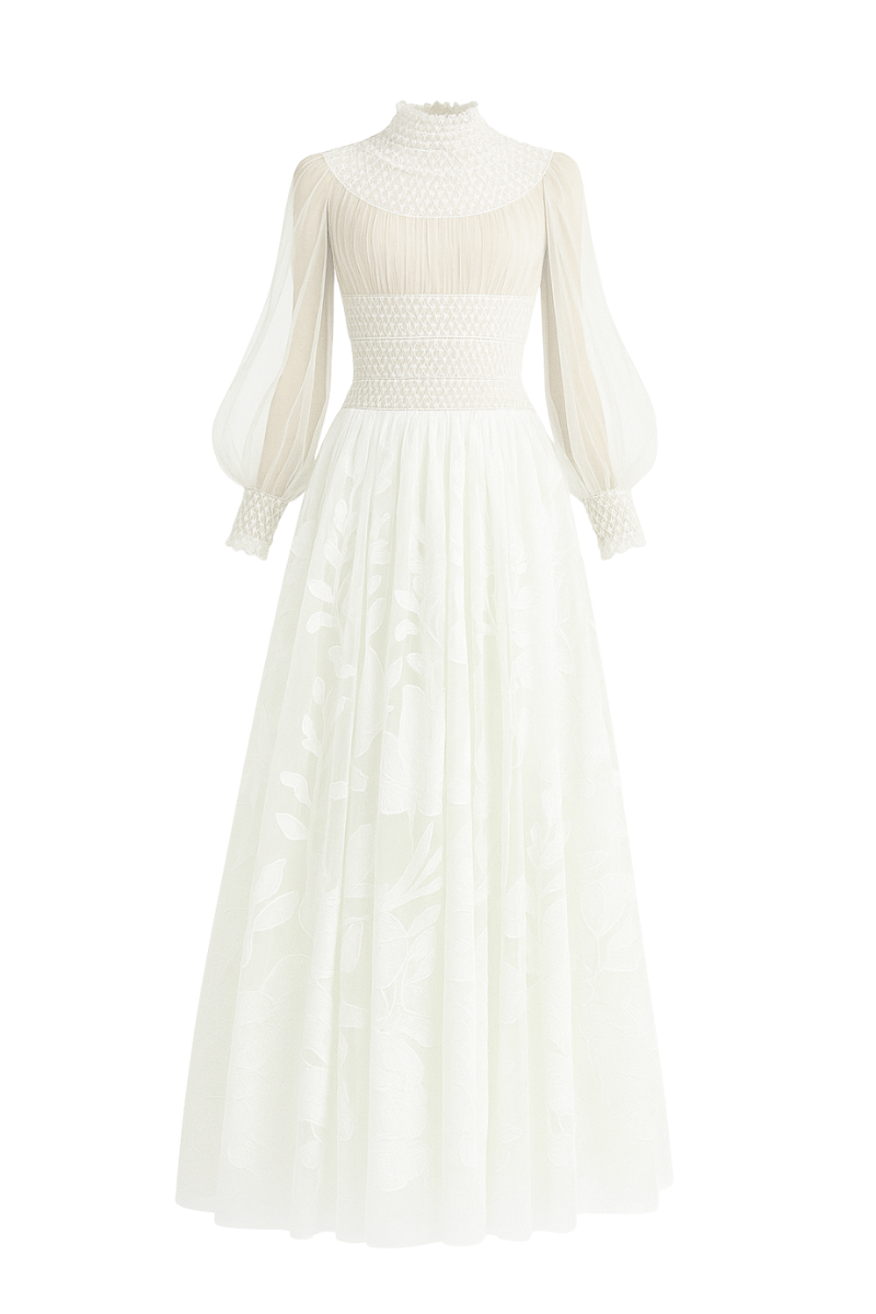 LACE HIGH-NECK MAXI DRESS IN WHITE