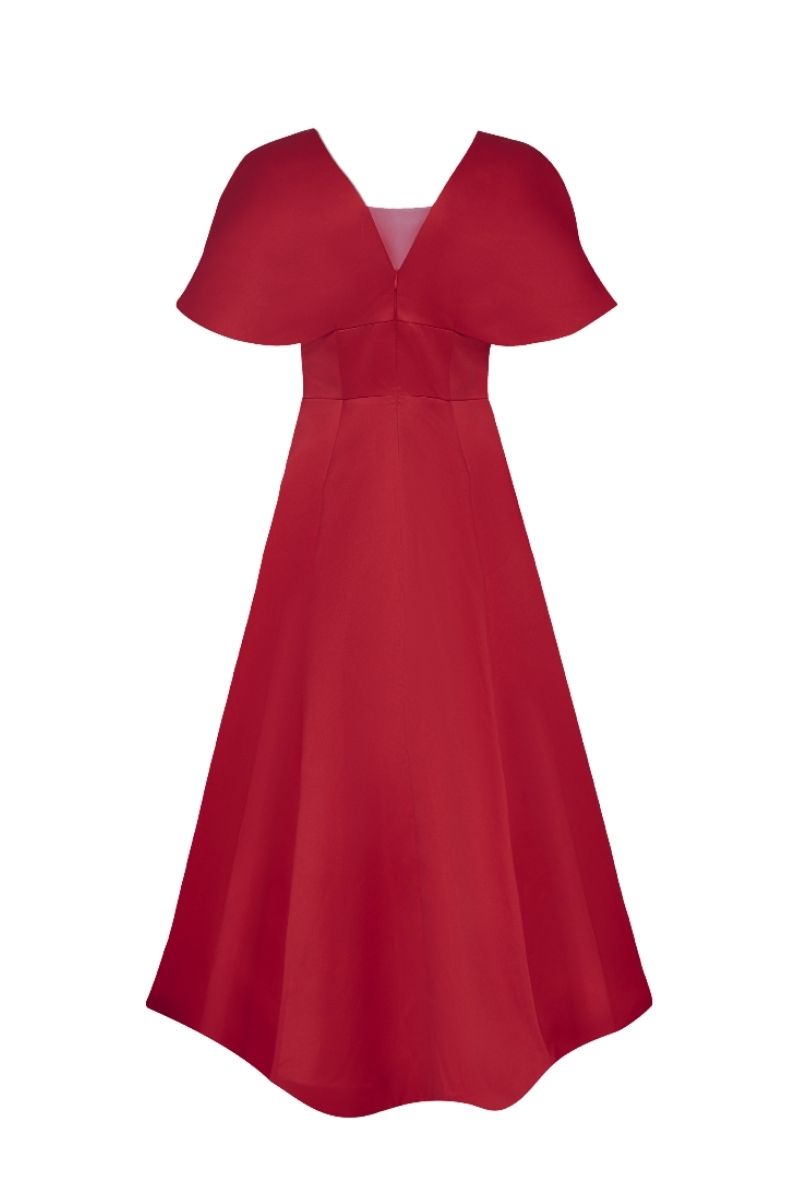 LIMA RED V-NECK PRINCESS MIDI DRESS - CULT MIA