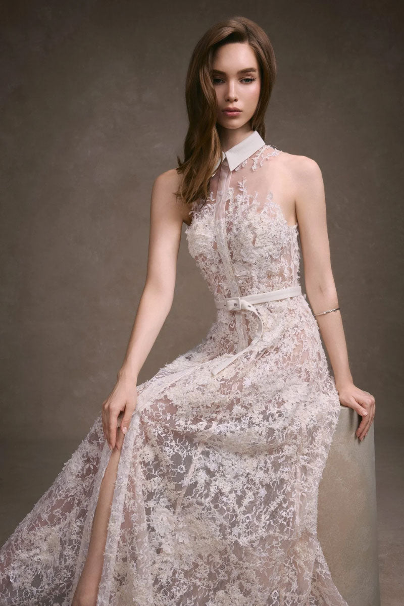 Keira Tong Daphne Shirt Dress maxi dress with long sleeves, collar, and button details, in a flowing fabric.