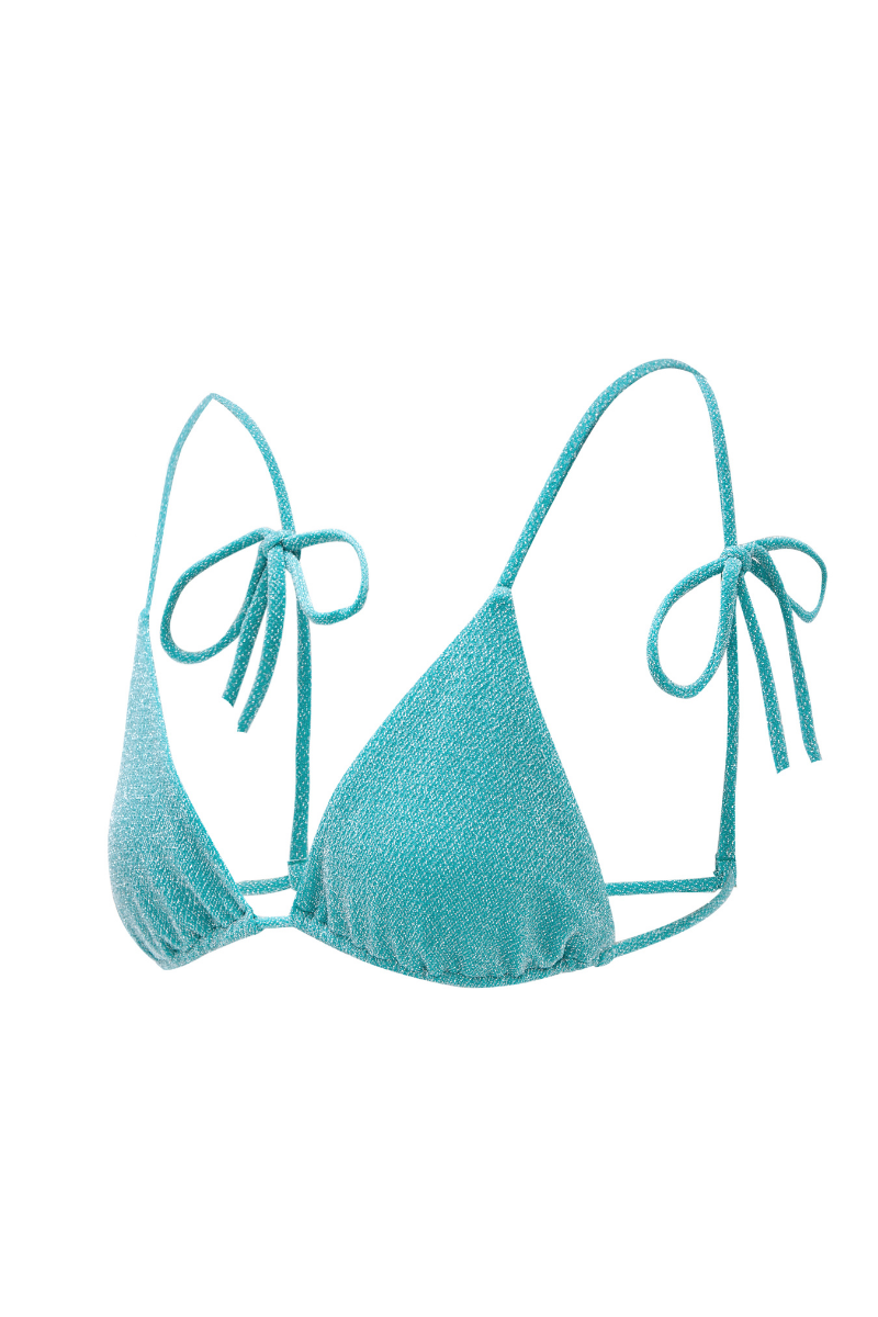 Turquoise Claudia sparkly bikini top by Suncillo with shimmering fabric and stylish design, perfect for beach or poolside wear.